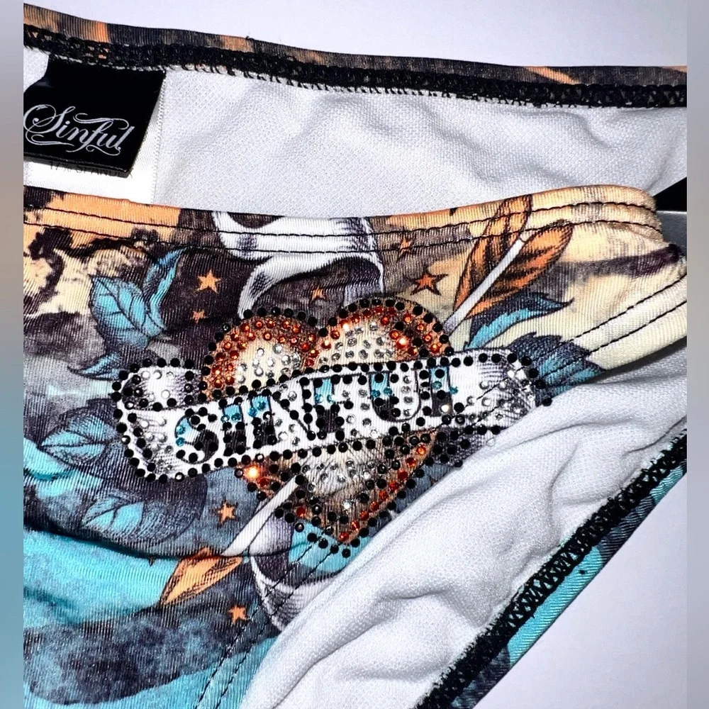 Sinful by Affliction Bikini Bottom Studded Heart Tiger Rhinestone Blue M
